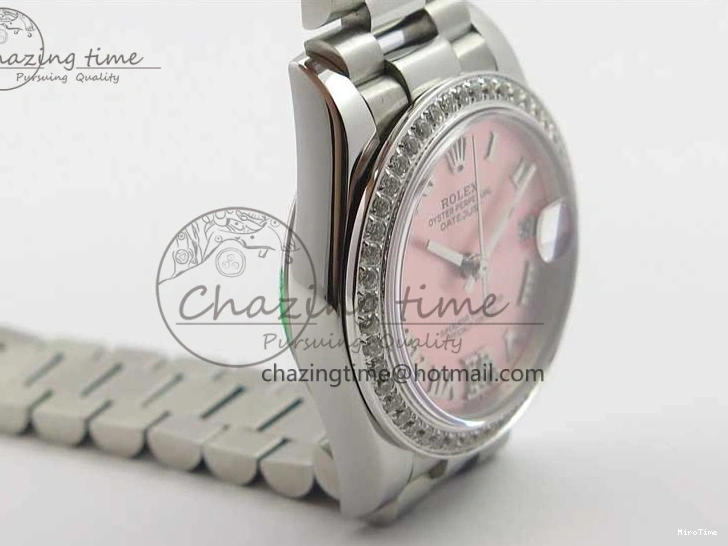 MiroTime 0402 Datejust 31mm 278275 SS Crystal Bezel BP Maker Best Edition Pink Roman Dial Crystal @6 on SS President Bracelet Contemporary 3082